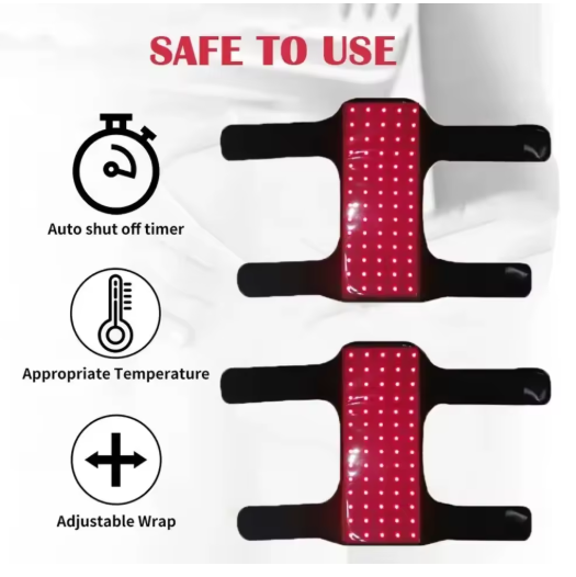 Therapy wrap shown with auto shut-off timer, safe temperature and adjustable straps