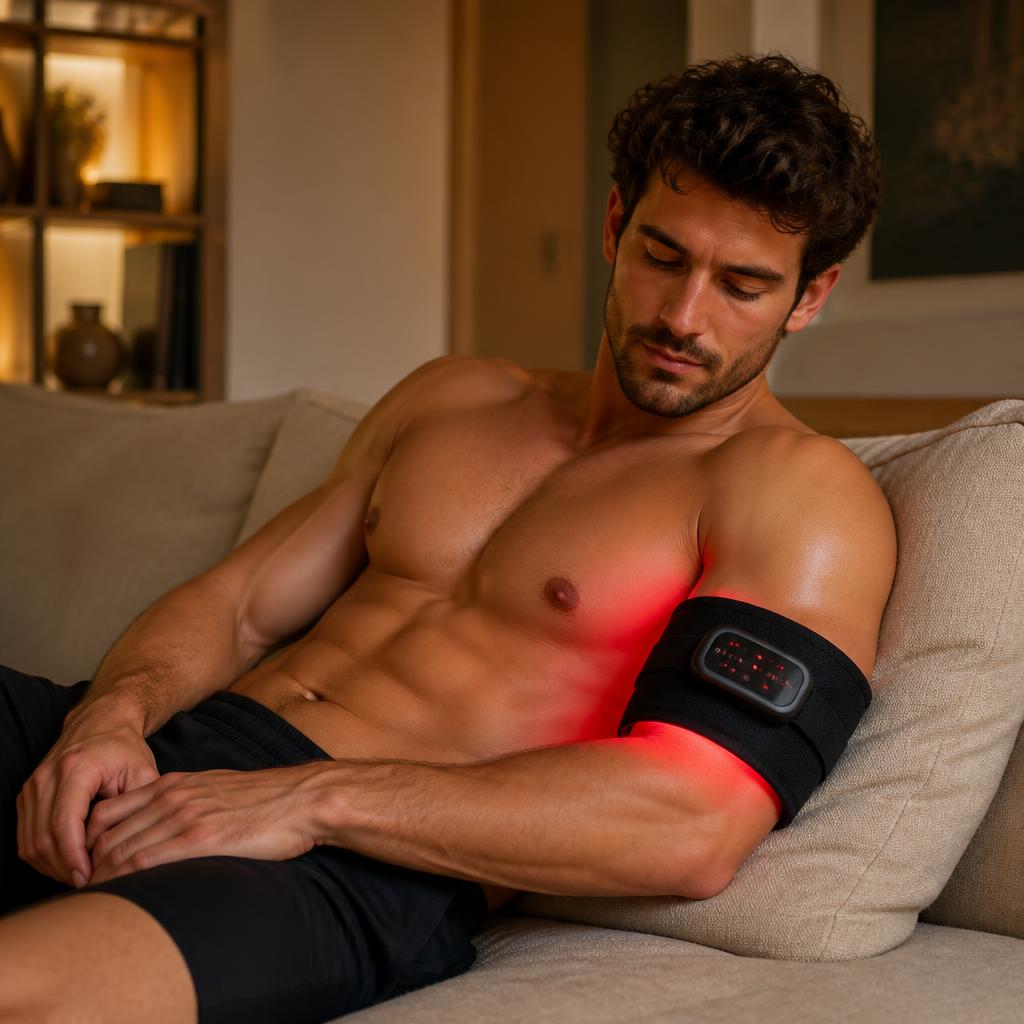 Man relaxing at home with the LUMAKIN wrap on his elbow