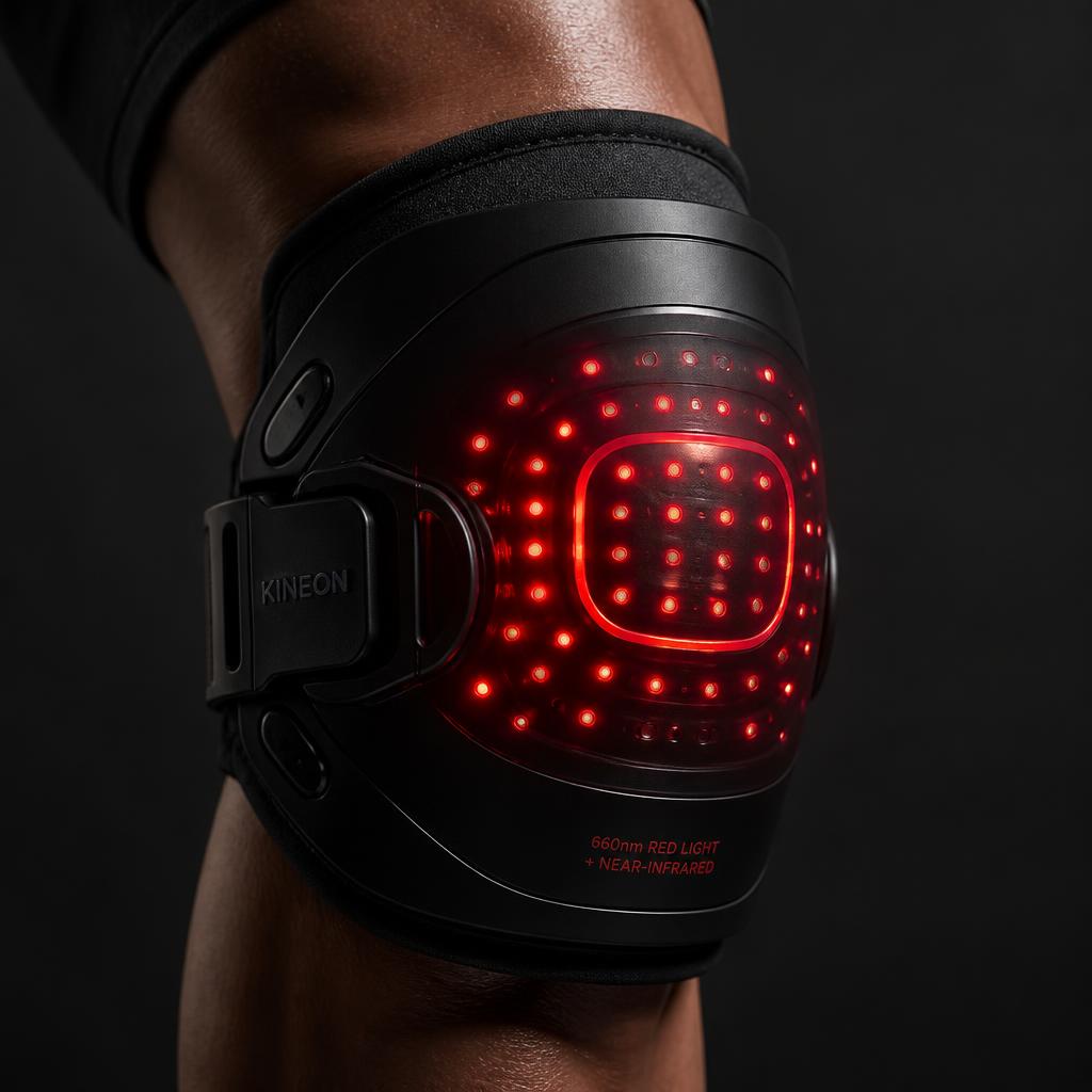 LUMAKIN red light therapy wrap glowing around a knee